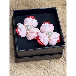 Vintage Pink & Red Flower Clip-On Earrings With Faux Pearl Accents